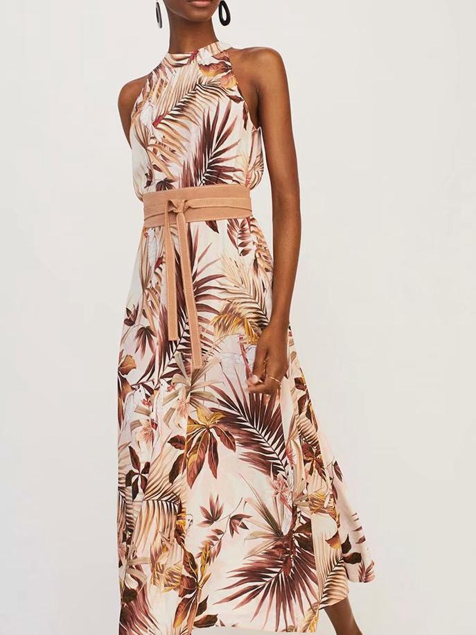 Printed Sleeveless Belted Maxi Dress