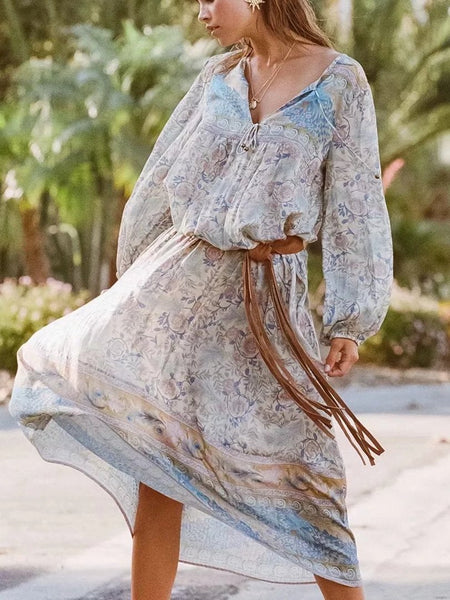 Spring New Boho Retro Positioning Print Holiday Dress