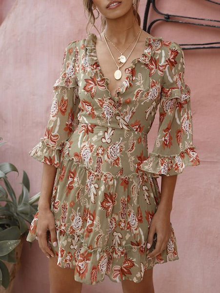 2018 Summer Print V Neck Backcross Mini Dress