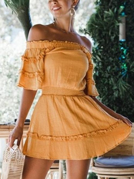 Solid Color Off Shoulder Mini Dress