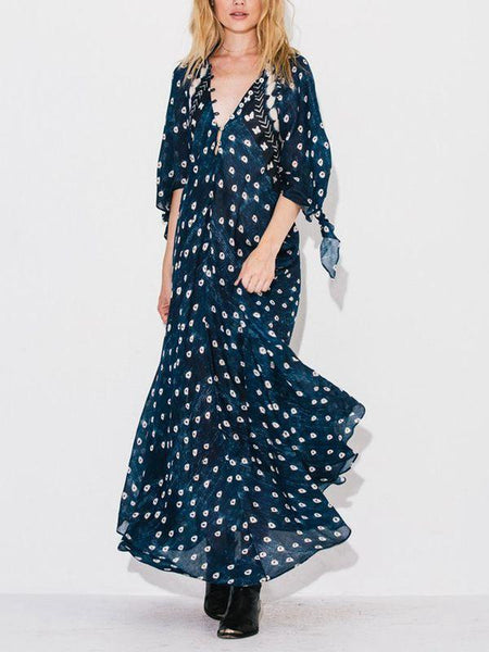 Spring and Summer Print Bohemian V-Neck Cropped Sleeves Holiday Dress