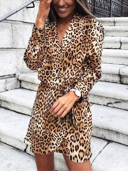 Autumn and Winter V-Neck Print Leopard Dress