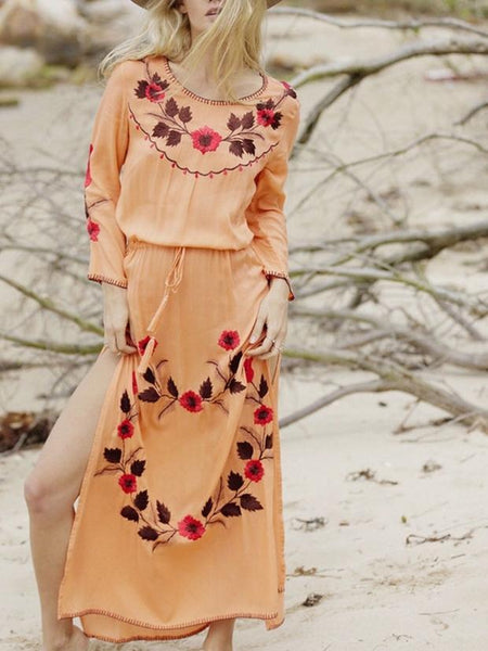 Floral Long Sleeve Split Beach Maxi Dress