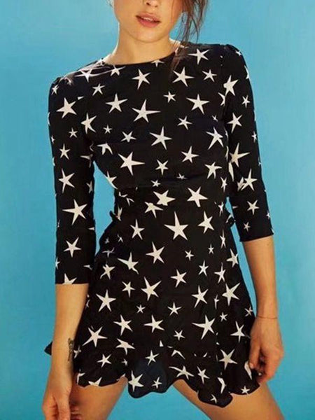 Sexy Backless Star Print Ruffled Lace Dress