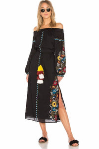 Shoulder-off Bohemian stripes heavy geometric embroidery tassels linen in the long section of the Black dress