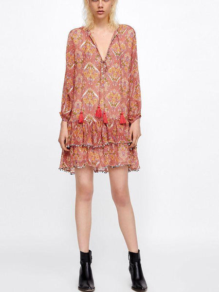 Summer Bohemian Fringed V-Neck Print Dress