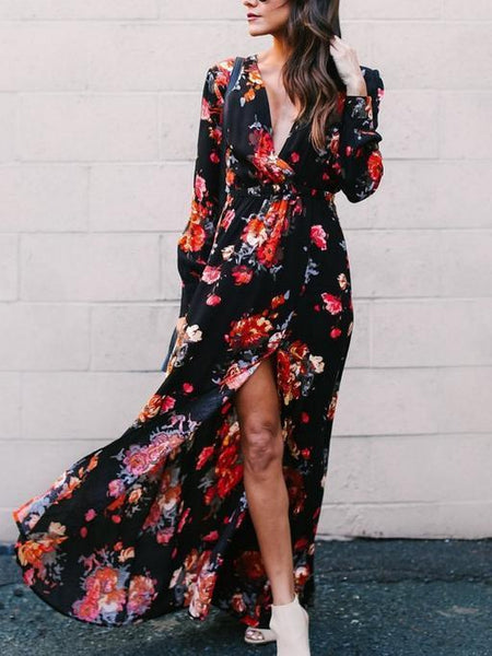 Floral Print Long Sleeve V Neck Split Maxi Dress