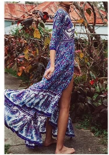 Vintage V Neck Boho Split Maxi Dress