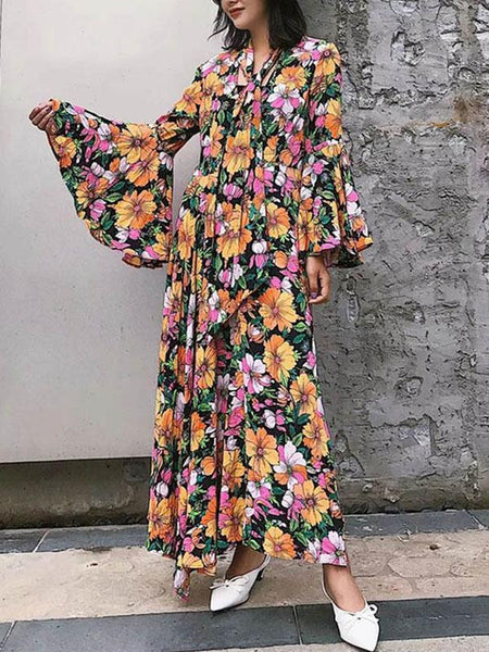 Floral Long Flared Sleeve Loose Maxi Dress