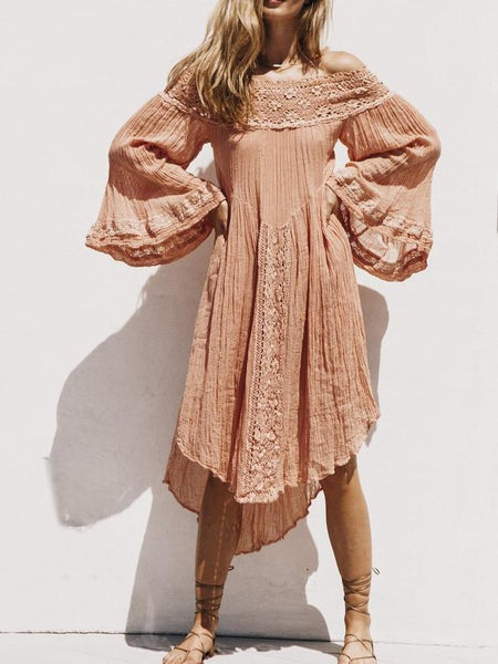 Lace Splice Off Shoulder Long Sleeve Beach Mini Dress