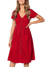 Load image into Gallery viewer, Summer Solid Color Short Sleeve Button Midi Dress