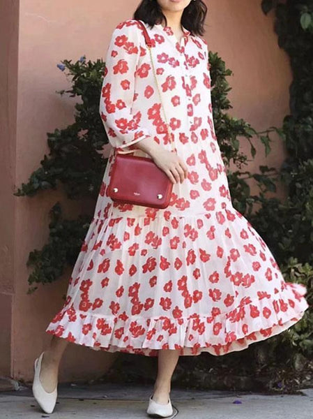 Flower Print Long Sleeve Bohemia Chiffon Maxi Dress