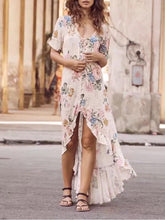 Load image into Gallery viewer, Chiffon Floral Print Short Sleeve Irregular Maxi Dress