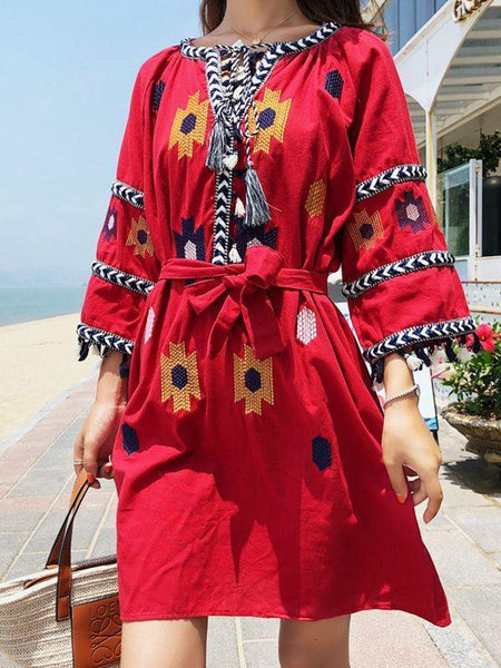 Vintage Ethnic Style V-Neck Tassel Snowflake Embroidered Dress