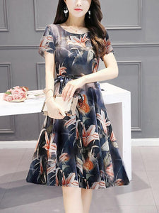 2018 Summer Floral Print Short Sleeve Pleat Midi Dress