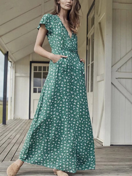 Spring New Bow Print V-Neck Short Sleeve High Waist Big Dress