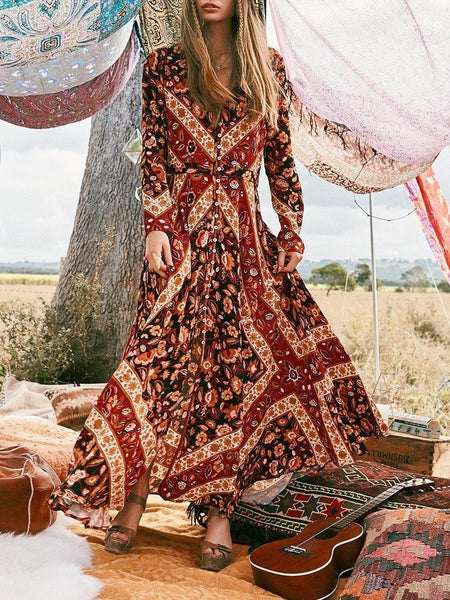 Summer Print Long Sleeve Bohemia Beach Maxi Long Dress