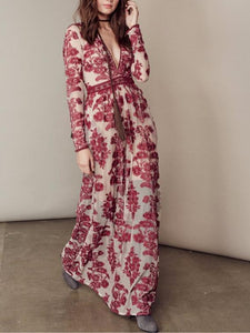 V Neck Long Sleeve Casual Maxi Dress