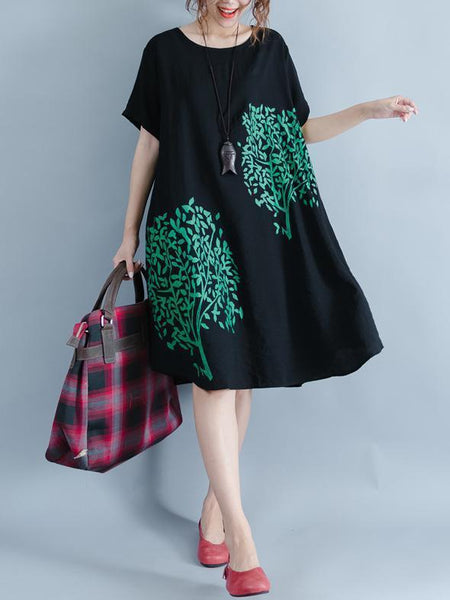 Print Round Neck Short Sleeve Loose Midi Dress