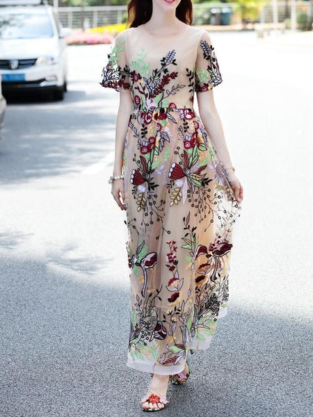 Elegant Embroidered Round Neck Short Sleeve Maxi Dress