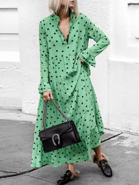 Polka Dot Long Sleeve V Neck Loose Maxi Dress