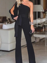 Load image into Gallery viewer, Solid Color One Shoulder Belted Jumpsuit Romper