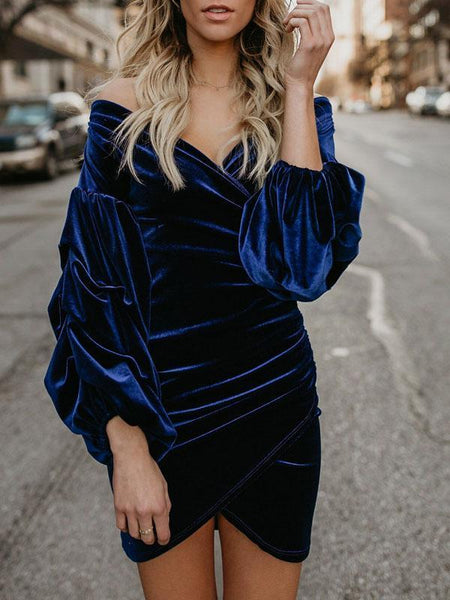 2018 Solid Color V Neck Long Sleeve Irregular Mini Dress