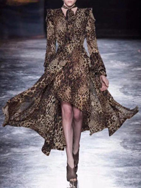 Irregular Leopard-Print Chiffon V-Neck Lace-Up Dress