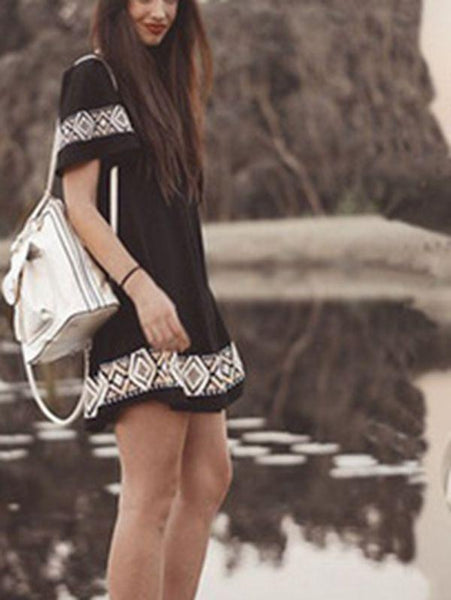 Sexy Black Print Pullover Round Neck Mini Dress