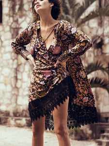Print V Neck Long Sleeve Lace Splice Dress