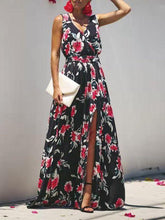 Load image into Gallery viewer, Bohemian Large Flower Print Slit V-Neck Sleeveless Large Swing Maxi Dress