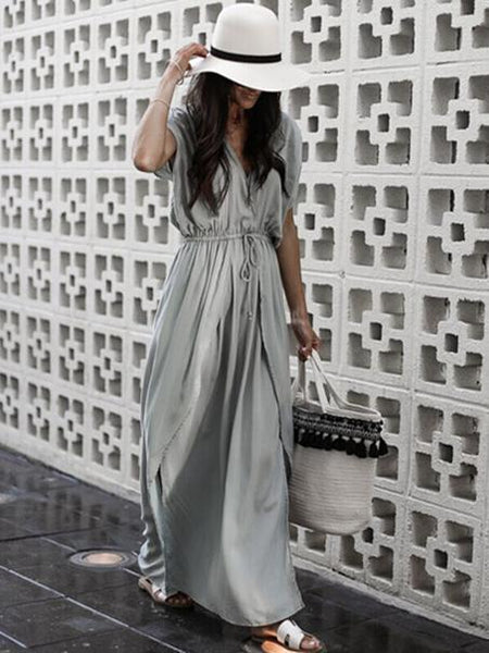 Solid Color V Neck Irregular Maxi Dress