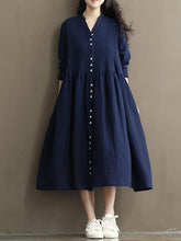 Load image into Gallery viewer, Vintage Button Linen Cotton Long Sleeve Midi Dress