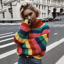 Load image into Gallery viewer, Rainbow Turtleneck Winter Jumpers Knitted Striped Oversize Pullover Sweater