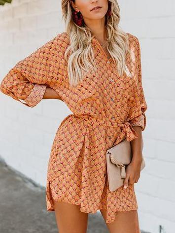 Print Long Sleeve Belted Boho Mini Dress