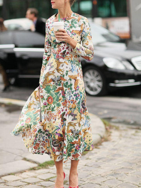 2018 New Print Long Sleeve Maxi Dress