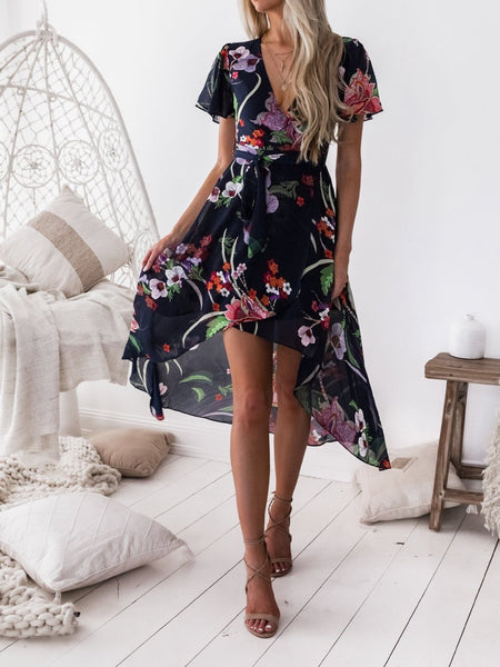 Floral Print V Neck Short Sleeve Beach Dress