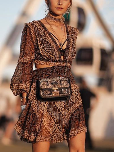 2018 Print V Neck Long Sleeve Backcross Mini Dress