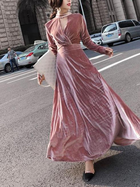 Autumn Long Sleeves Chest Hollowed Out Waist Long Dress