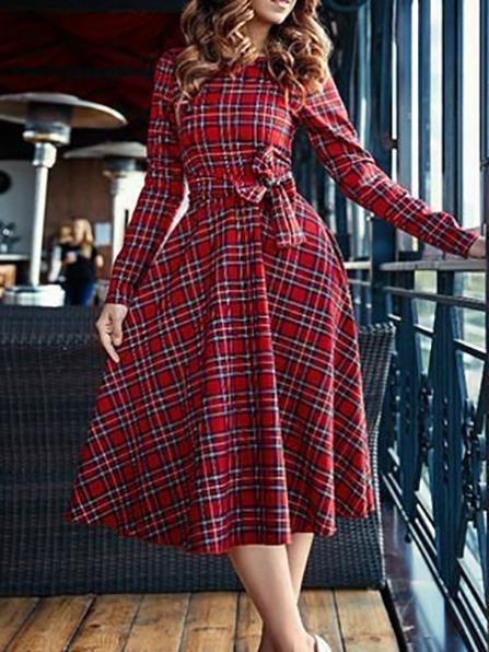 Fashion Long Sleeve Red Plaid Midi Dress