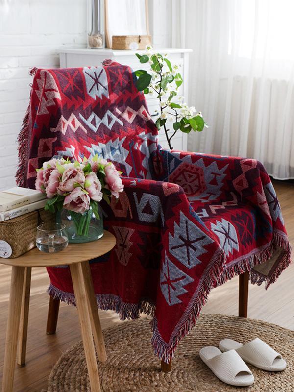 Reversible Woven Pattern Tassels Multi Purpose Sofa Cover Throw Blankets