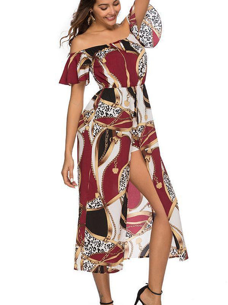 Bohemia Wrapped Trumpet Sleeves Printed Geometric Beach Dress
