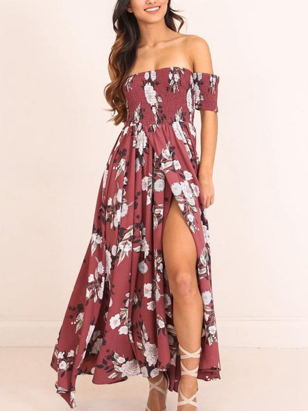 Print Off Shoulder Split Beach Boho Maxi Dress