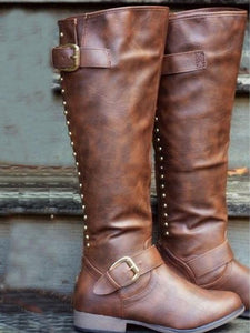 Fashion Thigh-high Rivet Low-heel Zipper Boots Shoes