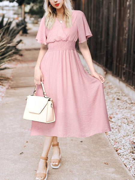 Chiffon V Neck Short Sleeve Summer Beach Dress