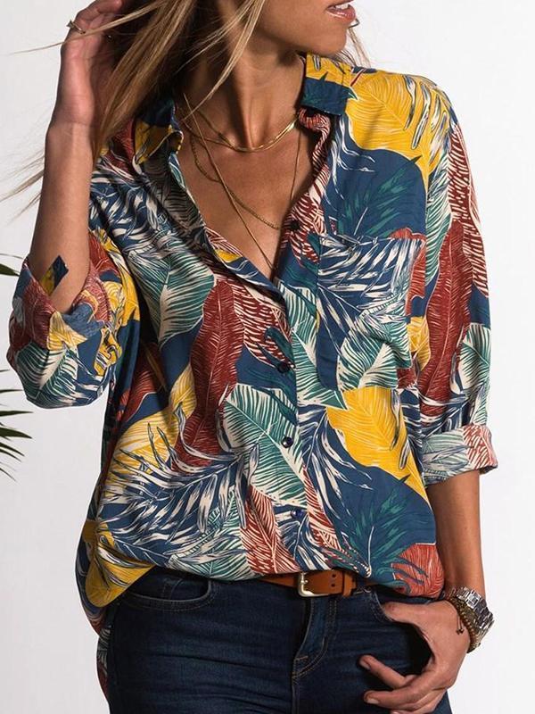 Casual V-Neck Floral Print Long Sleeve Mid-Length Blouse