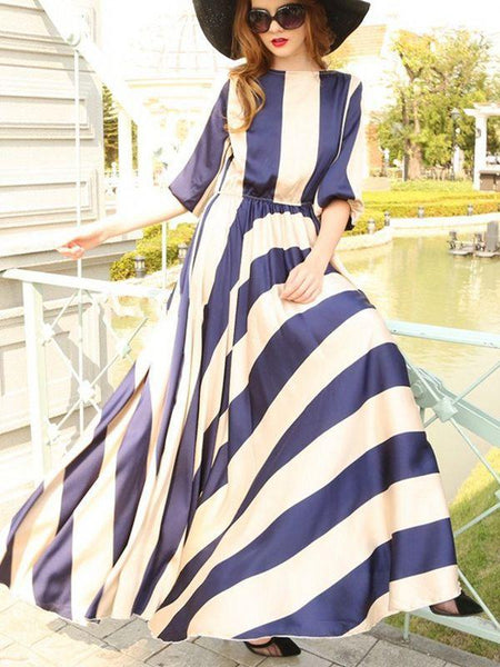 Elegant Stripe Print Retro Big Swing Long Chiffon Dress