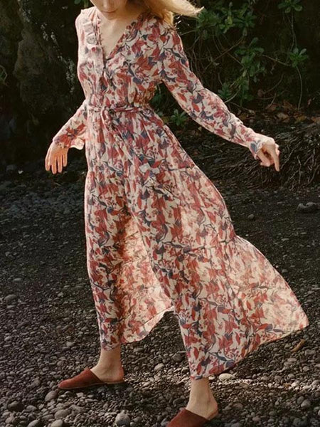 Print V Neck Long Sleeve Beach Dress
