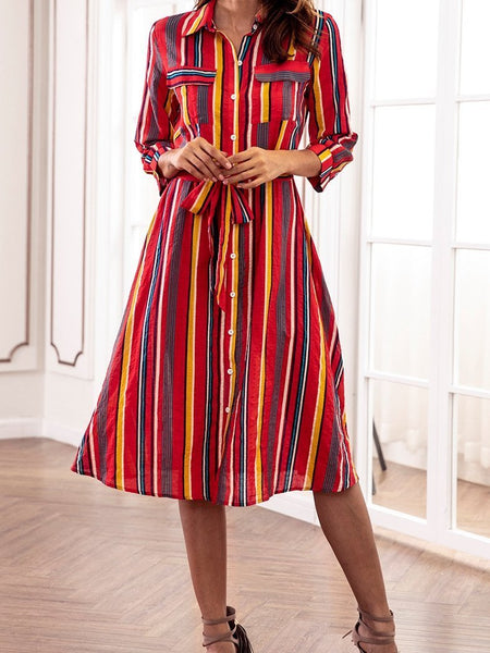 2018 Colorful Stripe Belted Casual Midi Dress