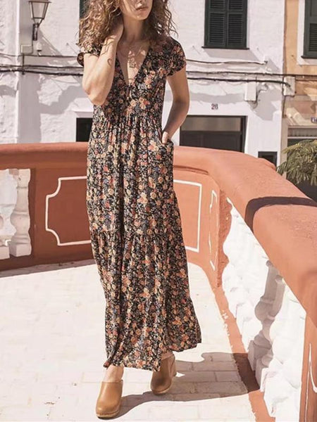 Floral V Neck Short Sleeve Beach Boho Maxi Dress